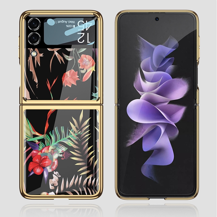 For Samsung Galaxy Z Flip3 5G GKK Floral Pattern Electroplating Tempered Glass Phone Case(Flower 01) - B1