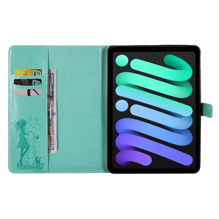 Pressed Printing Woman and Cat Pattern Horizontal Flip Leather Tablet Case For iPad mini 6(Green) - 3