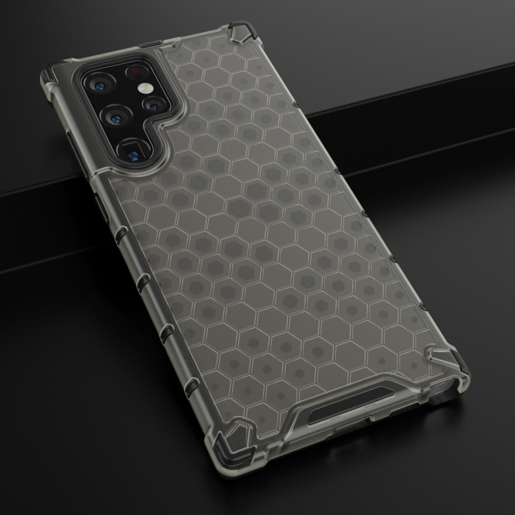 For Samsung Galaxy S22 Ultra 5G Lanyard Honeycomb PC + TPU Case(Black) - 1