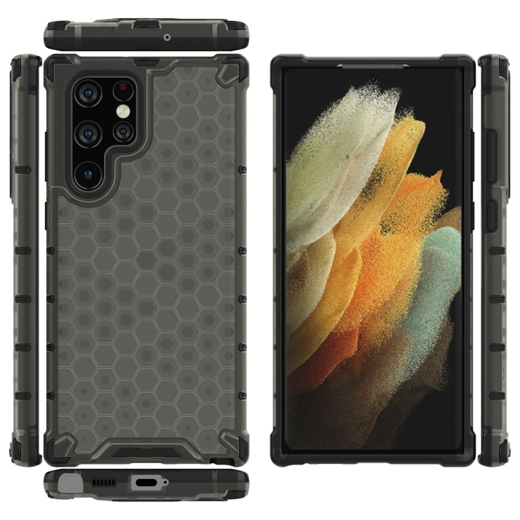 For Samsung Galaxy S22 Ultra 5G Lanyard Honeycomb PC + TPU Case(Black) - 3