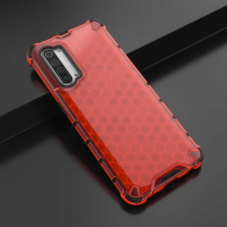 For OPPO Reno3 Lanyard Honeycomb PC + TPU Case(Red) - 1