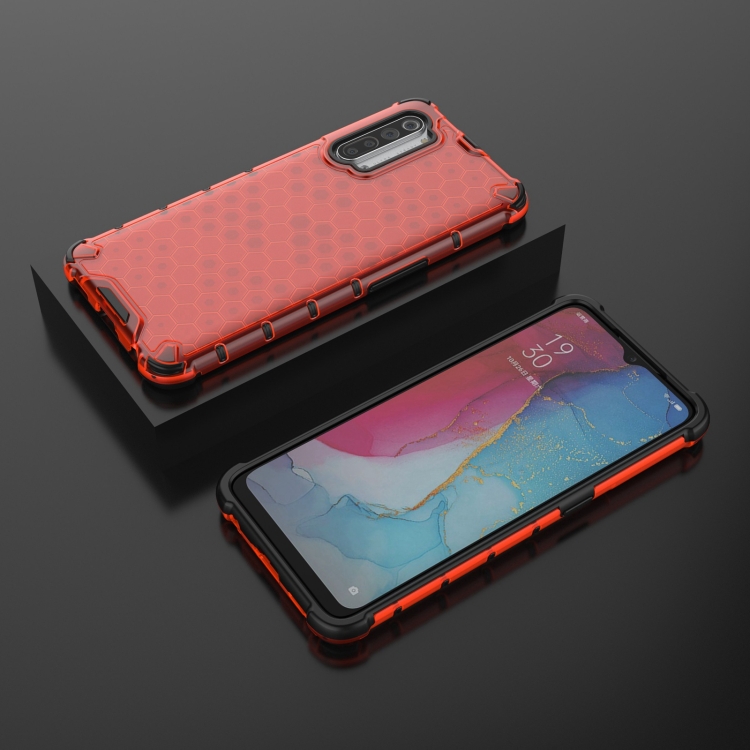 For OPPO Reno3 Lanyard Honeycomb PC + TPU Case(Red) - 2