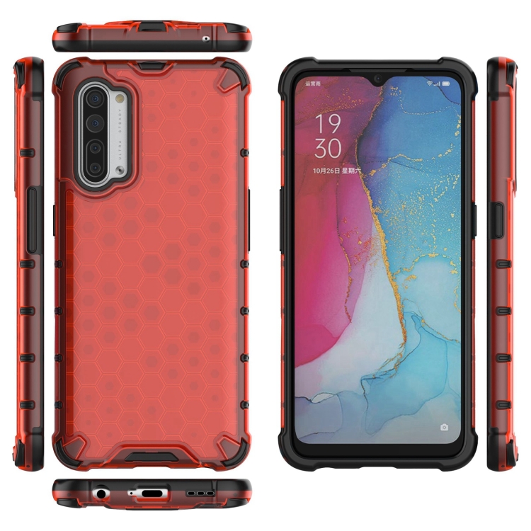 For OPPO Reno3 Lanyard Honeycomb PC + TPU Case(Red) - 3
