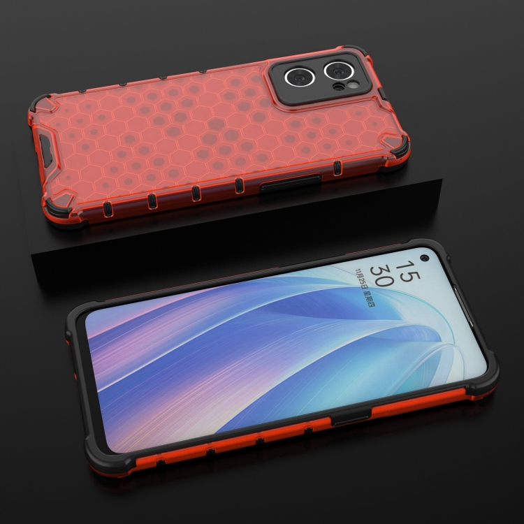 For OPPO Reno7 5G Lanyard Honeycomb PC + TPU Case(Red) - 2