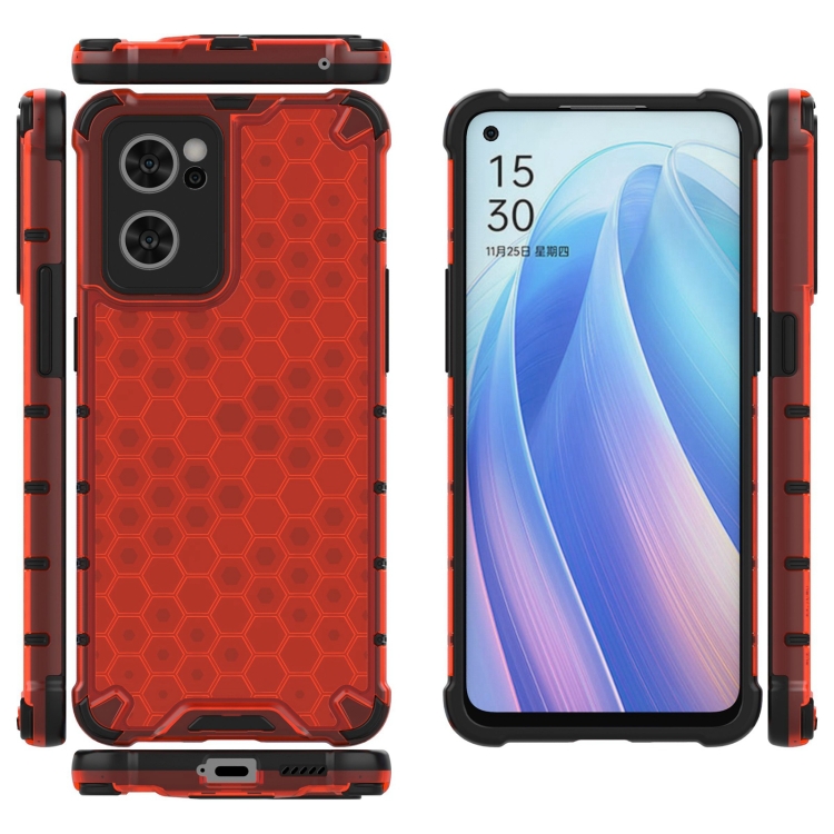 For OPPO Reno7 5G Lanyard Honeycomb PC + TPU Case(Red) - 3