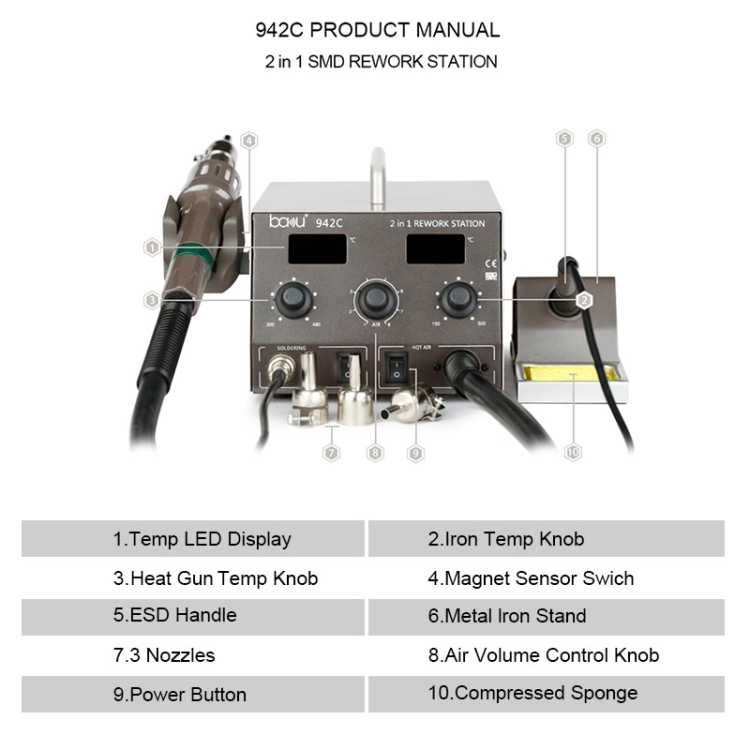 BAKU BA-942C 110V 1000W 2 in 1 Digital Display Adjustable Temperature Hot Air Gun Electric Soldering Iron, US Plug - 2