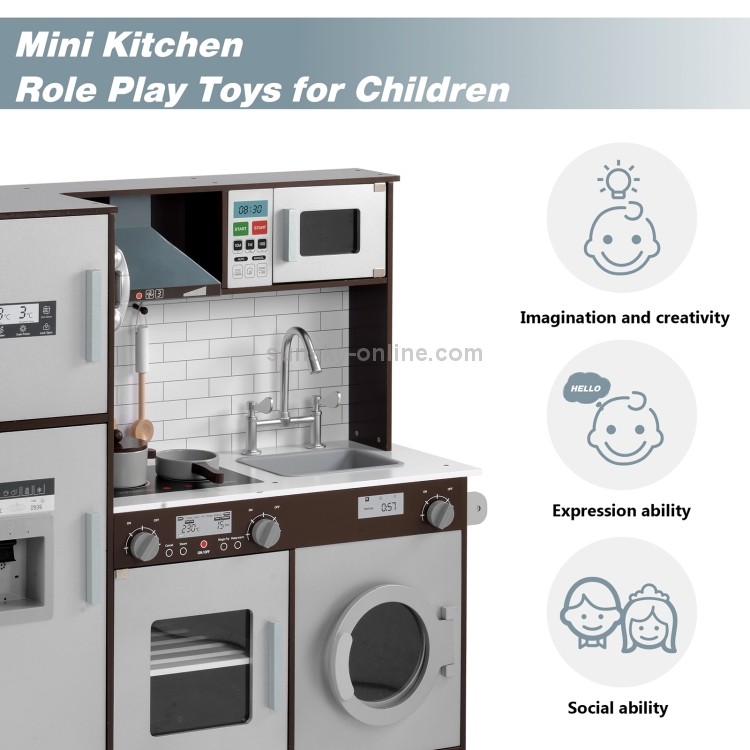 Sunsky Eu Warehouse Wooden Large Children Kitchen Toy Simulation Kitchen With Telephone Refrigerator Sink Microwave Oven Oven Washing Machine Function Brown