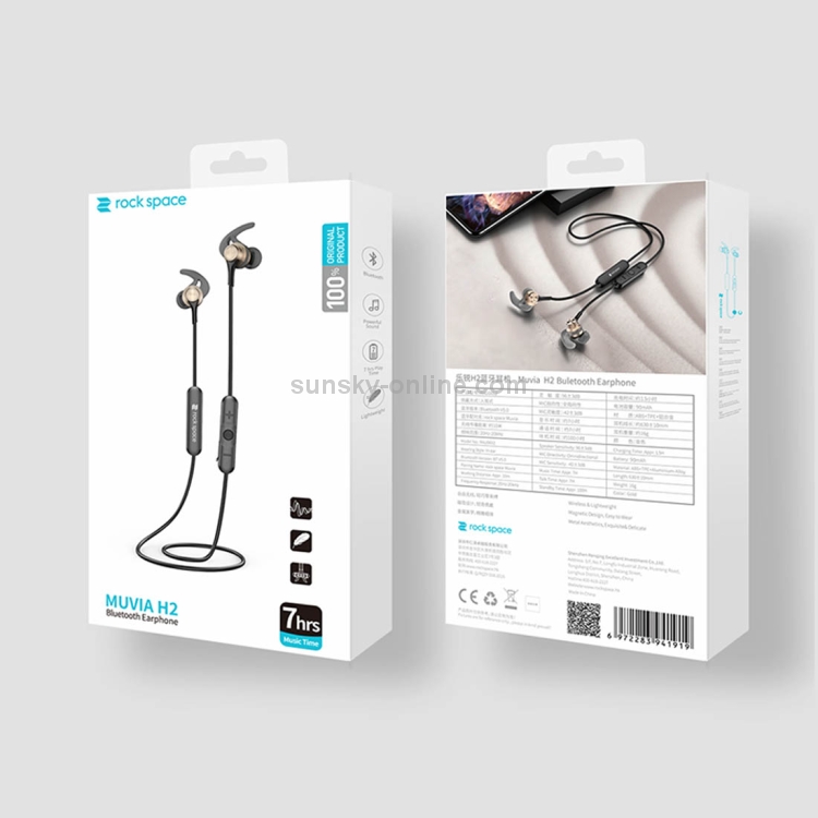 Sunsky Rock Space Muvia H2 Bluetooth 5 0 Line Controlled Magnetic Bluetooth Earphone Cable Length 630mm Gold