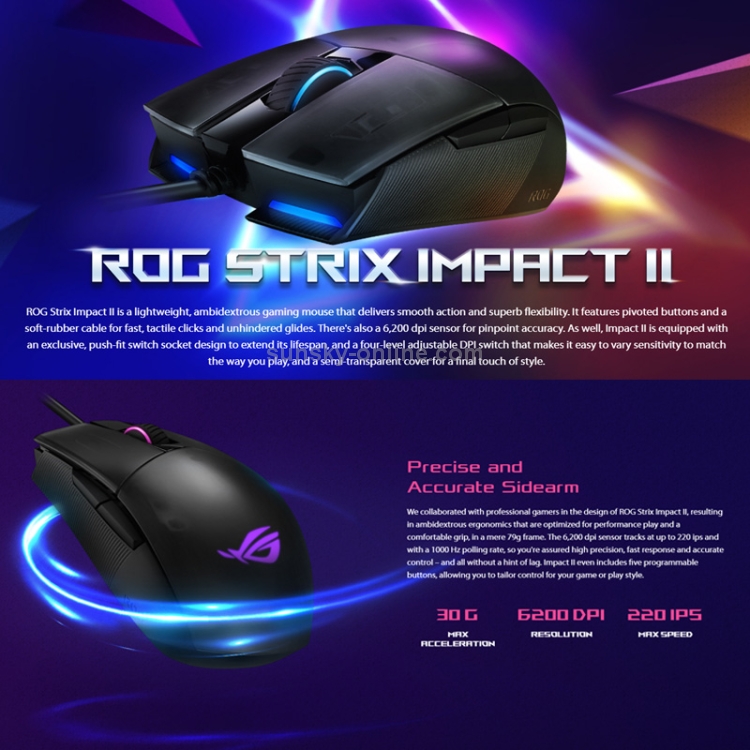 Sunsky Asus Rog Strix Impact 2 60dpi Rgb Light E Sports Gaming Wired Mouse Black