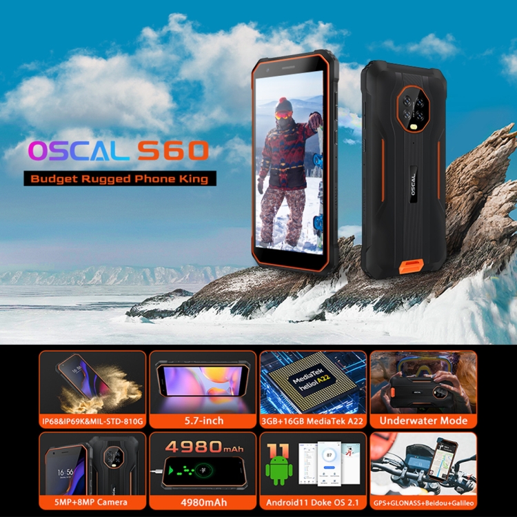 [HK Warehouse] Blackview OSCAL S60 Rugged Phone, 3GB+16GB, IP68/IP69K Waterproof Dustproof Shockproof, 5.7 inch Android 11.0 MTK6761V/WE Quad Core up to 2.0GHz, OTG, Network: 4G (Black) - B1