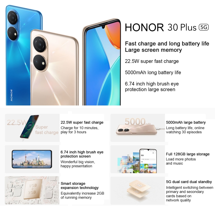 Honor Play 30 Plus CMA-AN00 5G, 4GB+128GB, China Version, Dual Back Cameras, Face ID & Side Fingerprint Identification, 6.74 inch Magic UI 5.0 Dimensity 700 Octa Core up to 2.2GHz, Network: 5G, OTG, Not Support Google Play (Black) - B1