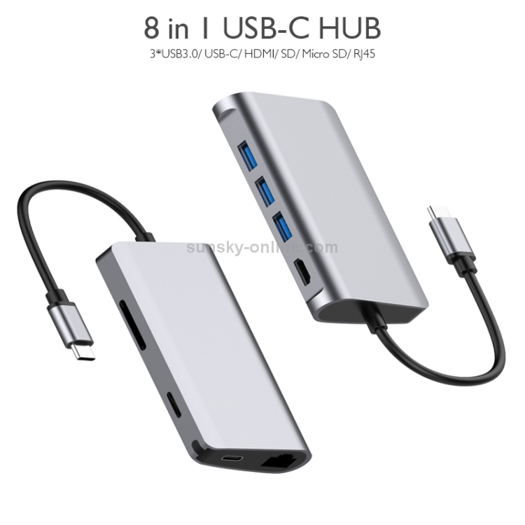 Color : Grey HDMI Grey RJ45 Network Interfaces HUB Adapter with Micro SD//SD Card Slots USB-C//Type-C T7 8 in 1 USB-C//Type-C to 3 USB 3.0