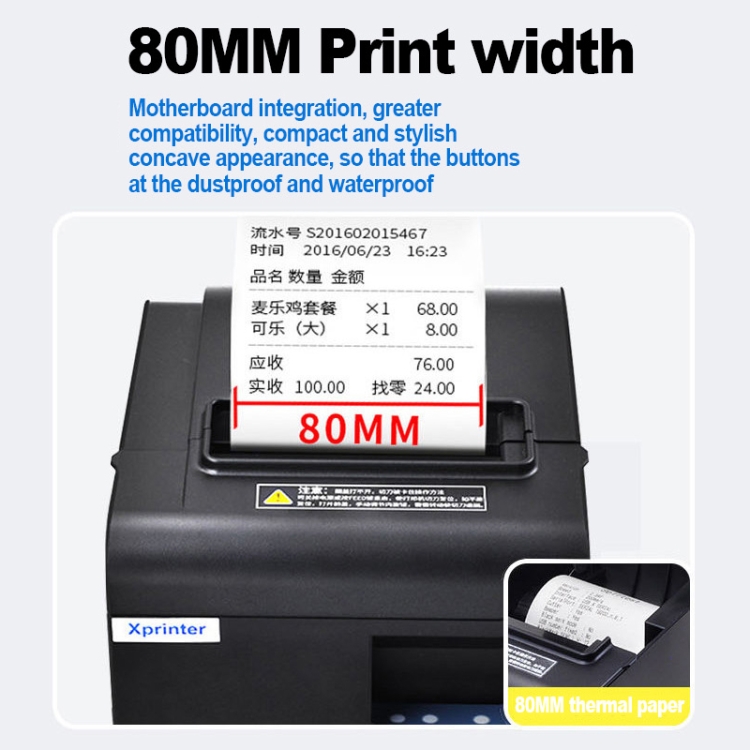 Xprinter N160II USB+Bluetooth Interface 80mm 160mm/s Automatic Thermal Receipt Printer, US Plug - B3