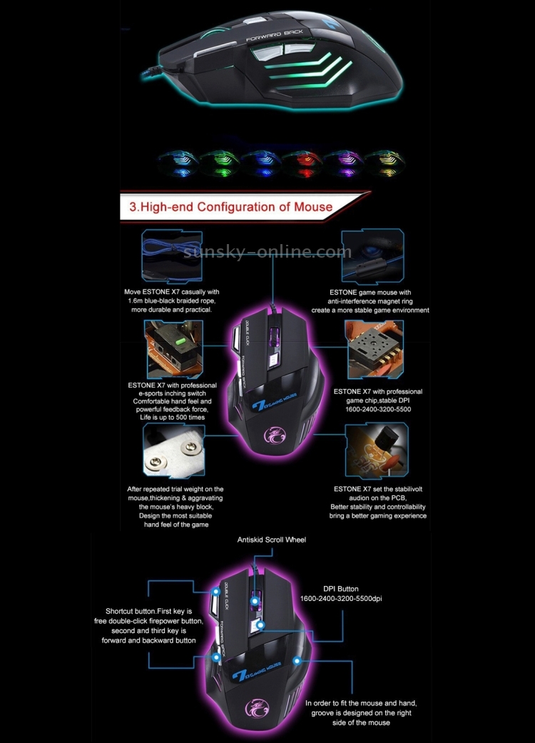7 Buttons with Scroll Wheel 5000 DPI LED Wired Optical Gaming Mouse for Computer PC Laptop Color : Yellow