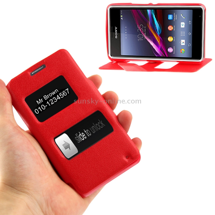 Sunsky Pebble Texture Flip Leather Case With Call Display Id Holder For Sony Xperia E1 Red