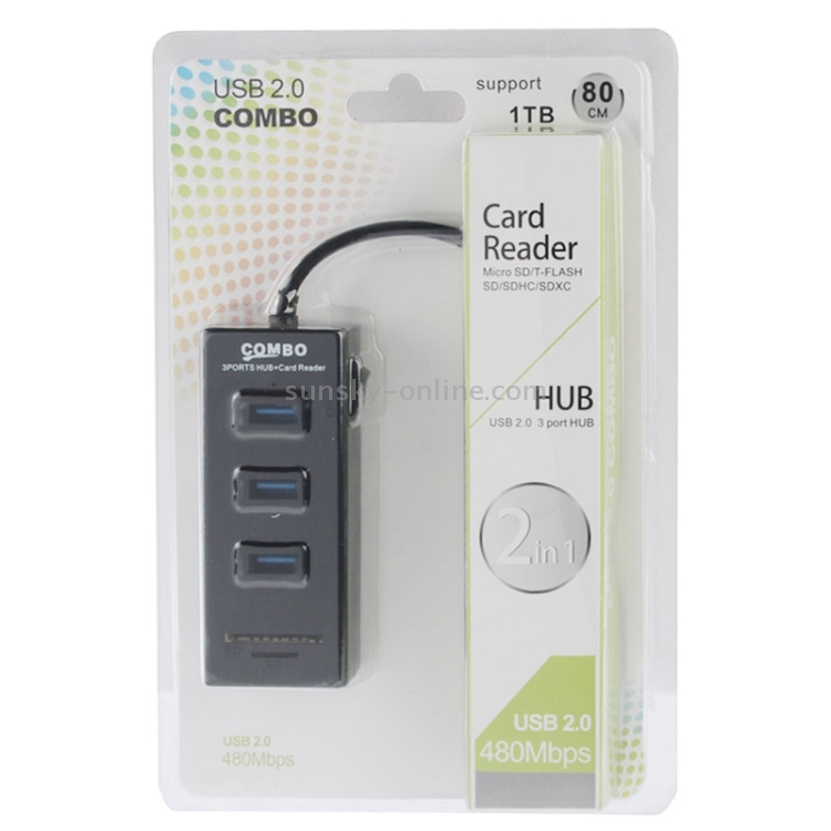 Computer /& USB Accessories 2 in 1 USB 2.0 TF//SD Card Reader /& 3-Port HUB Cable Length: 80cm USB Hubs Black Color : Black