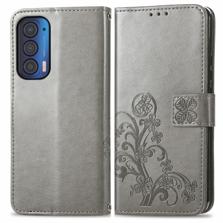 For Motorola Moto Edge 2021 Four-leaf Clasp Embossed Leather Case with Lanyard & Card Slots & Wallet & Holder(Gray)