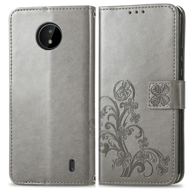 For Nokia C20 Four-leaf Clasp Embossed Leather Case with Lanyard & Card Slot & Wallet & Holder(Gray)