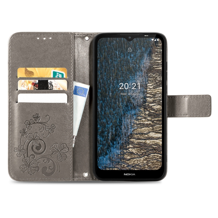 For Nokia C20 Four-leaf Clasp Embossed Leather Case with Lanyard & Card Slot & Wallet & Holder(Gray)
