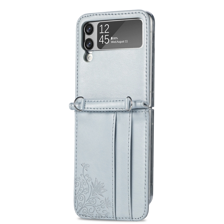 For Samsung Galaxy Z Flip 3 5G Diagonal Lanyard Embossed Card Phone Case(Silver) - 1