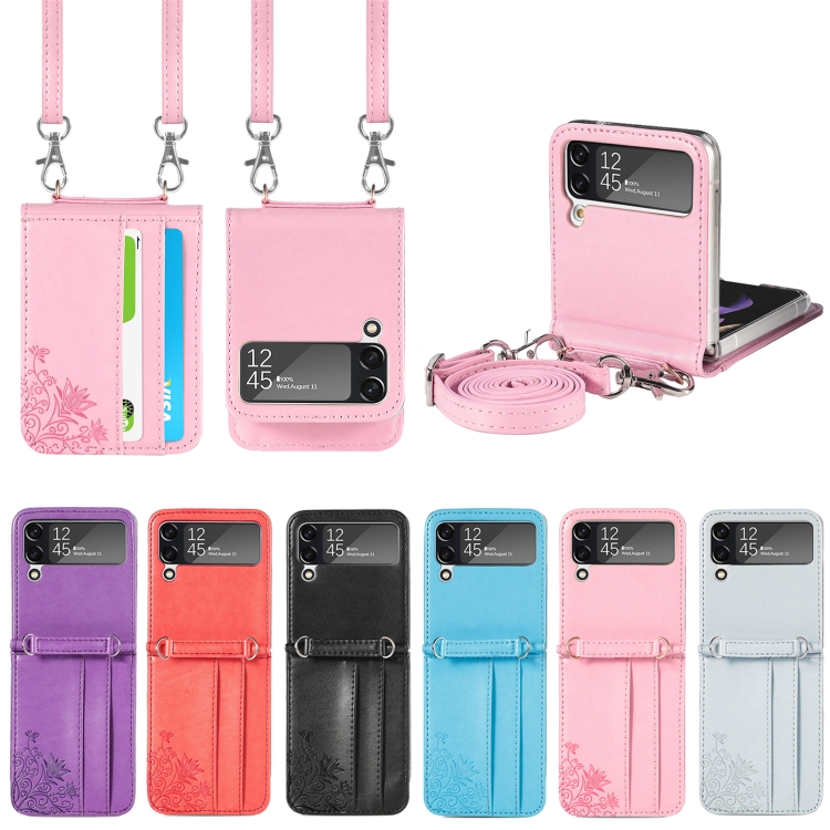 For Samsung Galaxy Z Flip 3 5G Diagonal Lanyard Embossed Card Phone Case(Silver) - B1