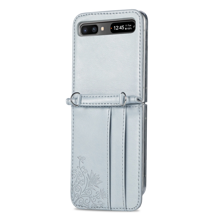 For Samsung Galaxy Z Flip 5G Diagonal Lanyard Embossed Card Phone Case(Silver) - 1