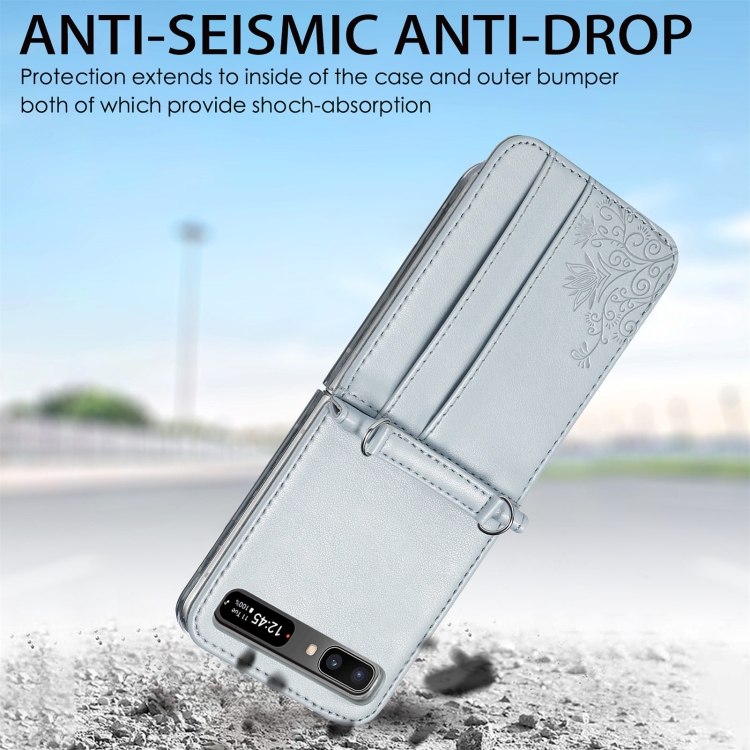 For Samsung Galaxy Z Flip 5G Diagonal Lanyard Embossed Card Phone Case(Silver) - 5