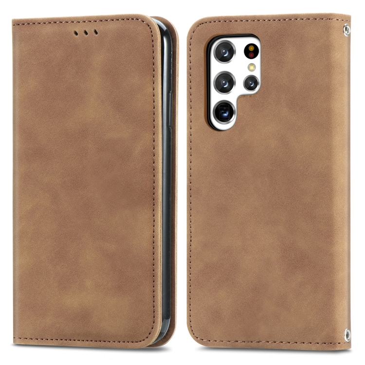 For Samsung Galaxy S22 Ultra 5G Retro Skin Feel Magnetic Horizontal Flip Leather Case with Holder & Card Slots & Wallet & Photo Frame(Brown) - 1