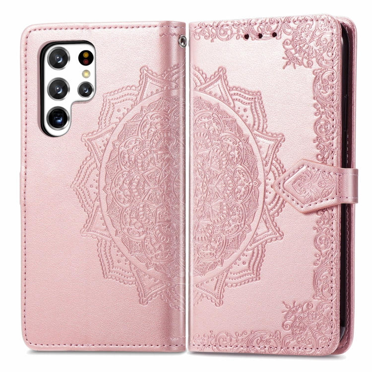 For Samsung Galaxy S22 Ultra 5G Mandala Flower Embossed Horizontal Flip Leather Case with Holder & Card Slots & Wallet & Lanyard(Rose Gold) - 1