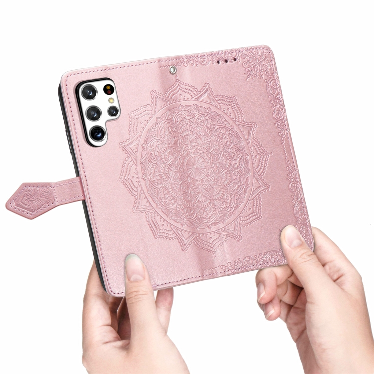 For Samsung Galaxy S22 Ultra 5G Mandala Flower Embossed Horizontal Flip Leather Case with Holder & Card Slots & Wallet & Lanyard(Rose Gold) - 3