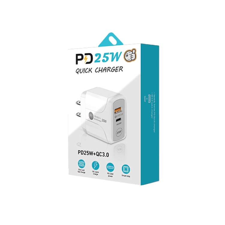 PD25W USB-C / Type-C + QC3.0 USB Dual Ports Fast Charger, US Plug(White) - B4