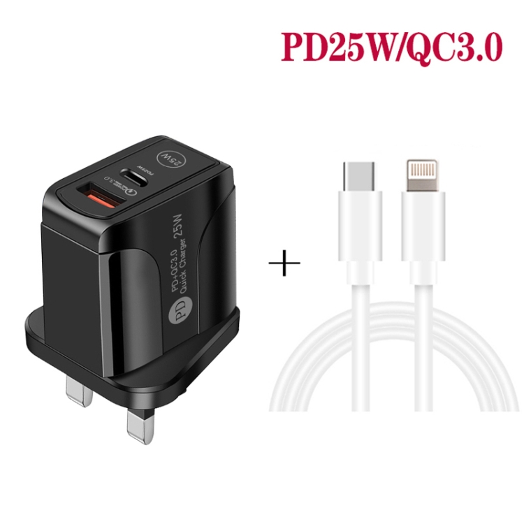 PD25W USB-C / Type-C + QC3.0 USB Dual Ports Fast Charger with USB-C to 8 Pin Data Cable, UK Plug(Black) - B2