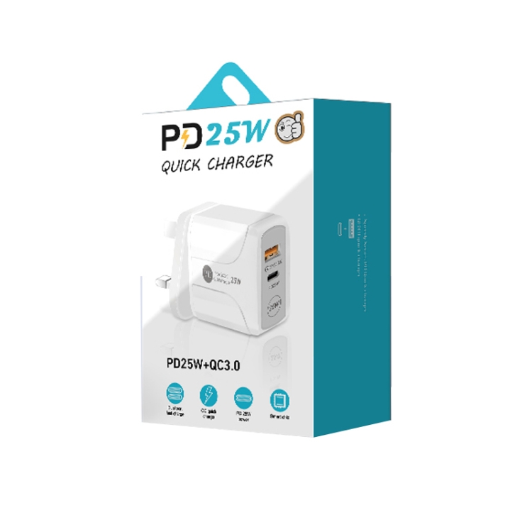 PD25W USB-C / Type-C + QC3.0 USB Dual Ports Fast Charger with USB-C to 8 Pin Data Cable, UK Plug(Black) - B6
