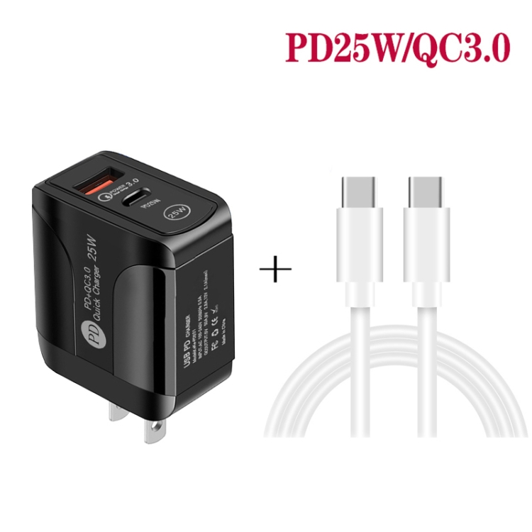 PD25W USB-C / Type-C + QC3.0 USB Dual Ports Fast Charger with USB-C to USB-C Data Cable, US Plug(Black) - B2
