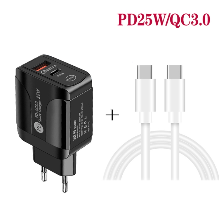 PD25W USB-C / Type-C + QC3.0 USB Dual Ports Fast Charger with USB-C to USB-C Data Cable, EU Plug(Black) - B2