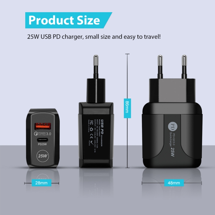 PD25W USB-C / Type-C + QC3.0 USB Dual Ports Fast Charger with USB-C to USB-C Data Cable, EU Plug(Black) - B4
