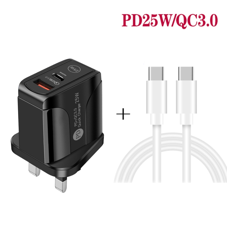 PD25W USB-C / Type-C + QC3.0 USB Dual Ports Fast Charger with USB-C to USB-C Data Cable, UK Plug(Black) - B2