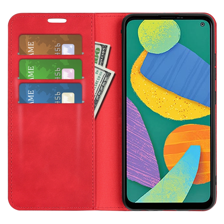For Samsung Galaxy F52 5G Retro-skin Magnetic Suction Leather Case with Holder & Card Slots & Wallet(Red) - 3