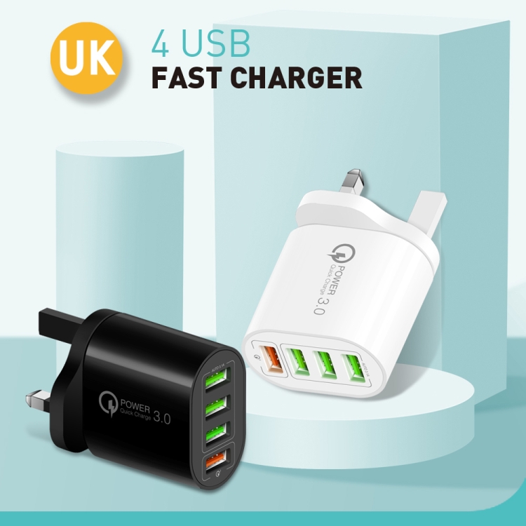 QC-04 QC3.0 + 3 x USB 2.0 Multi-ports Charger for Mobile Phone Tablet, UK Plug(White) - B2