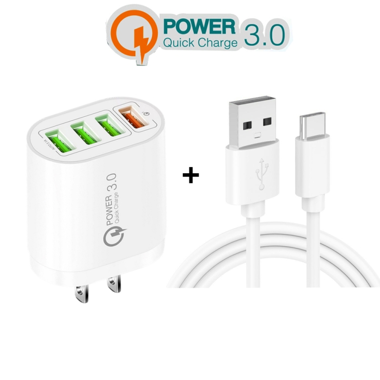 QC-04 QC3.0 + 3 x USB2.0 Multi-ports Charger with 3A USB to Type-C Data Cable, US Plug(White) - B2