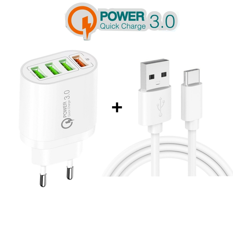 QC-04 QC3.0 + 3 x USB2.0 Multi-ports Charger with 3A USB to Type-C Data Cable, EU Plug(White) - B2