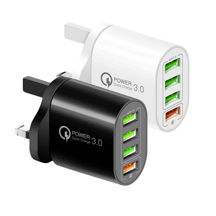 QC-04 QC3.0 + 3 x USB2.0 Multi-ports Charger with 3A USB to Type-C Data Cable, UK Plug(White) - B1