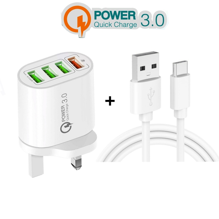 QC-04 QC3.0 + 3 x USB2.0 Multi-ports Charger with 3A USB to Type-C Data Cable, UK Plug(White) - B2