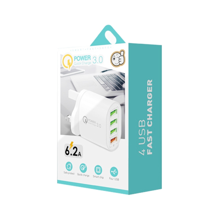 QC-04 QC3.0 + 3 x USB2.0 Multi-ports Charger with 3A USB to Type-C Data Cable, UK Plug(White) - B6