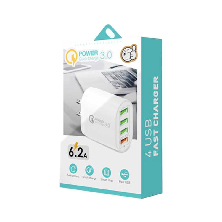 QC-04 QC3.0 + 3 x USB2.0 Multi-ports Charger with 3A USB to 8 Pin Data Cable,US Plug(White) - B6