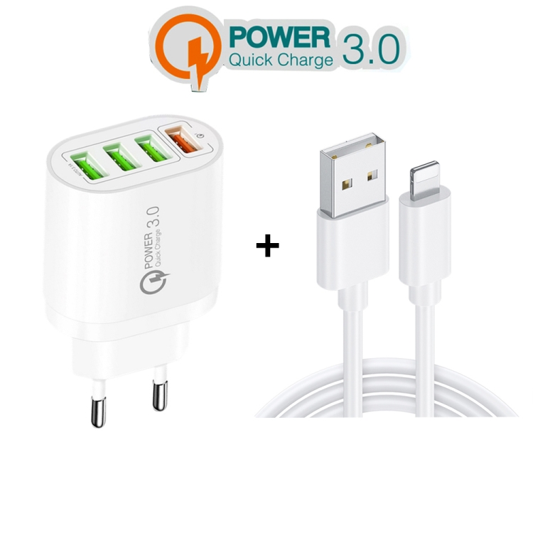 QC-04 QC3.0 + 3 x USB2.0 Multi-ports Charger with 3A USB to 8 Pin Data Cable, EU Plug(White) - B2