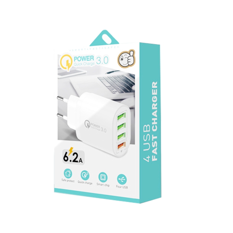 QC-04 QC3.0 + 3 x USB2.0 Multi-ports Charger with 3A USB to 8 Pin Data Cable, EU Plug(White) - B6