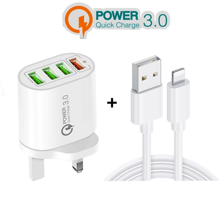 QC-04 QC3.0 + 3 x USB2.0 Multi-ports Charger with 3A USB to 8 Pin Data Cable, UK Plug(White) - B2