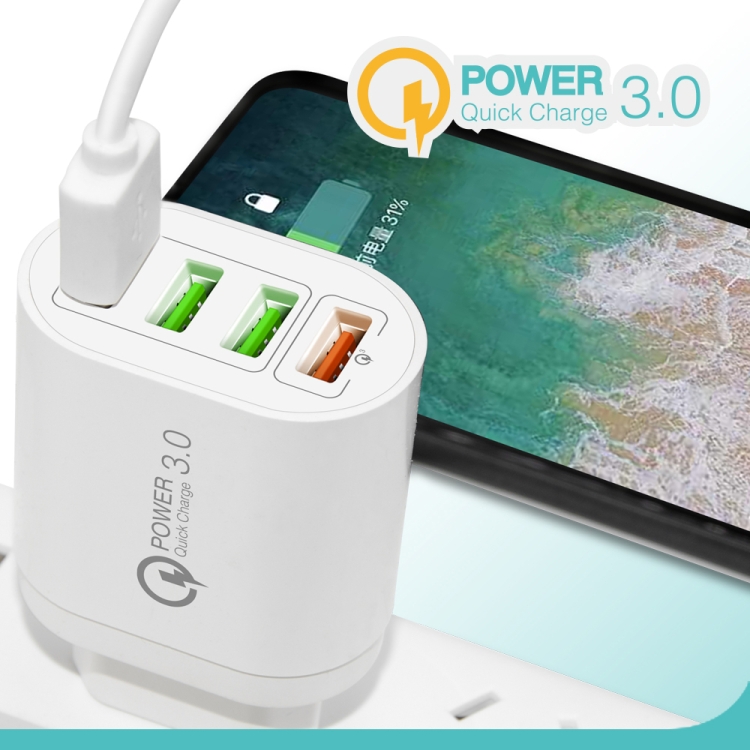 QC-04 QC3.0 + 3 x USB2.0 Multi-ports Charger with 3A USB to 8 Pin Data Cable, UK Plug(White) - B5