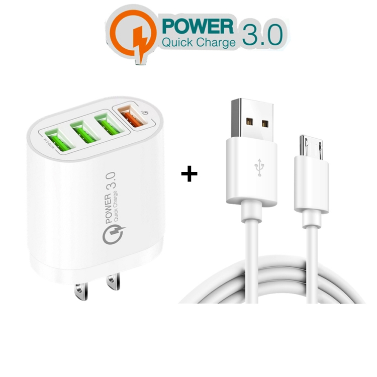 QC-04 QC3.0 + 3 x USB2.0 Multi-ports Charger with 3A USB to Micro USB Data Cable, US Plug(White) - B2